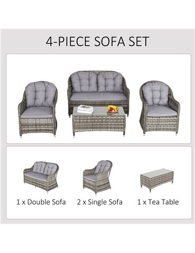 Outsunny 4-Seater PE Rattan Wicker Sofa Set Outdoor Conservatory Furniture Lawn Patio Coffee Table w/ Cushion - Grey