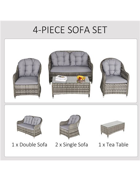 Outsunny 4-Seater PE Rattan Wicker Sofa Set Outdoor Conservatory Furniture Lawn Patio Coffee Table w/ Cushion - Grey - pic 15579 | FastDaddyshop