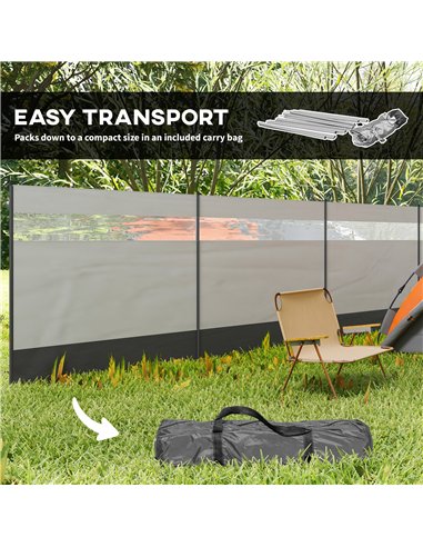 Outsunny Camping Windbreaker with Clear Windows, Carry Bag and Steel Poles, for Beach Caravan Campervan, 725 x 140cm, Grey