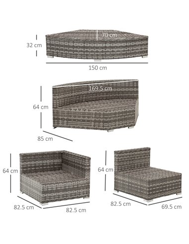 Outsunny 6-Seater Outdoor Rattan Wicker Sofa Set Half Round Patio Conversation Furniture Set w/ Cushions Grey