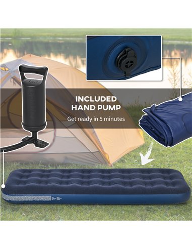 Outsunny Single Air Mattress with Hand Pump, Portable Air Bed with Flocked Surface, 191 x 73 x 22cm, Blue