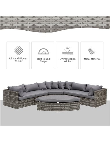 Outsunny 6-Seater Outdoor Rattan Wicker Sofa Set Half Round Patio Conversation Furniture Set w/ Cushions Grey