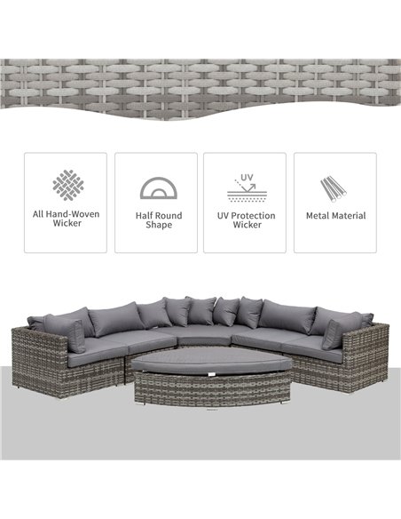 Outsunny 6-Seater Outdoor Rattan Wicker Sofa Set Half Round Patio Conversation Furniture Set w/ Cushions Grey - pic 15586 | FastDaddyshop