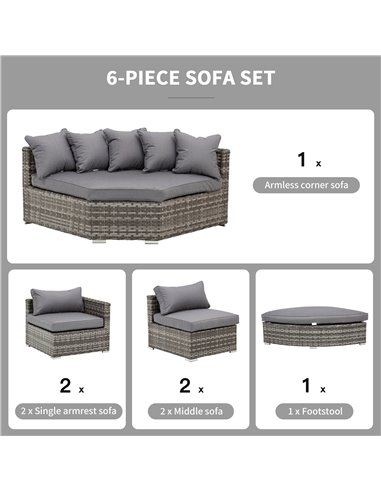 Outsunny 6-Seater Outdoor Rattan Wicker Sofa Set Half Round Patio Conversation Furniture Set w/ Cushions Grey