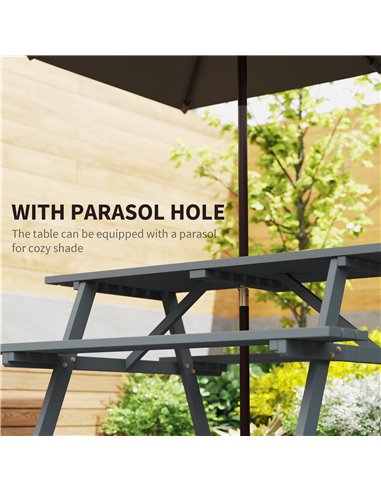 Outsunny 4 Seater Wooden Picnic Table Bench for Outdoor Garden or Patio with Parasol Cutout 150 cm Grey