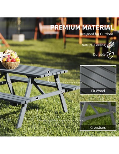 Outsunny 4 Seater Wooden Picnic Table Bench for Outdoor Garden or Patio with Parasol Cutout 150 cm Grey