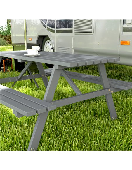 Outsunny 4 Seater Wooden Picnic Table Bench for Outdoor Garden or Patio with Parasol Cutout 150 cm Grey - pic 155903 | FastDaddyshop
