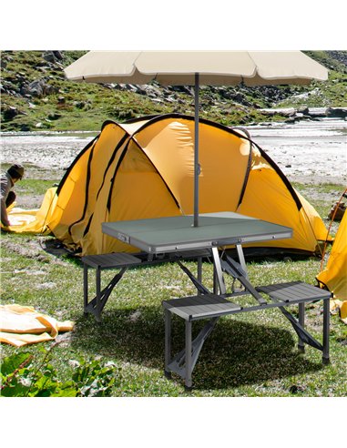 Outsunny Folding Picnic Table with 4 Seats and Umbrella Hole - Grey