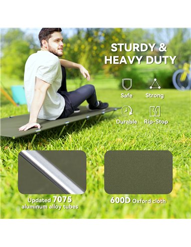 Outsunny Lightweight Camping Bed, Aluminium Portable Camp Cot w/ Strong Support 150kg and Carry Bag for Camping, Dark Green