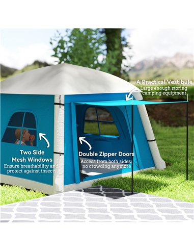 Outsunny Inflatable Camping Tent w/ Hand Pump, Easy Setup 1/2 Person Blow Up Tent Waterproof 190T Taffeta w/ Mesh Windows, Doors