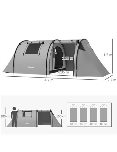 Outsunny Four Man Duo Room Tunnel Tent, with Accessories - Grey