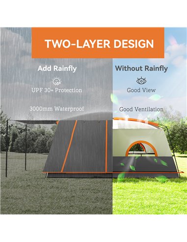 Outsunny 4-6 Man Camping Tent, Double Layer Tunnel Tent with Porch, Living Area and 2 Bedrooms, Sewn in Groundsheet, 3000mm Wate