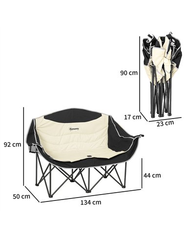 Outsunny Double Camping Chair for Adults, Oversized Heavy Duty Padded Folding Chair with Armrests, Cup Holders and Carry Bag for