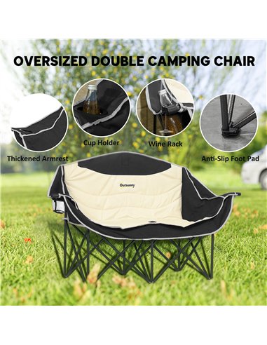 Outsunny Double Camping Chair for Adults, Oversized Heavy Duty Padded Folding Chair with Armrests, Cup Holders and Carry Bag for