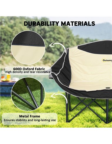 Outsunny Double Camping Chair for Adults, Oversized Heavy Duty Padded Folding Chair with Armrests, Cup Holders and Carry Bag for