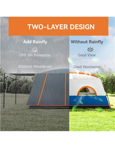 Outsunny 4-6 Man Camping Tent, Double Layer Tunnel Tent with Porch, Living Area and 2 Bedrooms, Sewn in Groundsheet, 3000mm Wate
