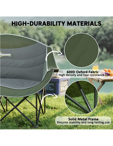 Outsunny Double Camping Chair for Adults, Oversized Heavy Duty Padded Folding Chair with Armrests, Cup Holders and Carry Bag for