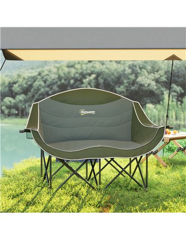 Outsunny Double Camping Chair for Adults, Oversized Heavy Duty Padded Folding Chair with Armrests, Cup Holders and Carry Bag for