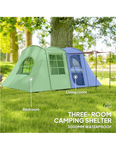 Outsunny 3-4 Man Tunnel Tent, Family Camping Tent with Porch, Bedroom and Living Area, Sewn in Groundsheet, 3000mm Waterproof, P