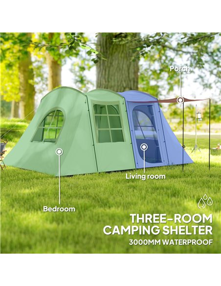 Outsunny 3-4 Man Tunnel Tent, Family Camping Tent with Porch, Bedroom and Living Area, Sewn in Groundsheet, 3000mm Waterproof, P - pic 156096 | FastDaddyshop