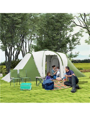 Outsunny Large Camping Tent Tunnel Tent with 2 Bedroom and Living Area, 2000mm Waterproof, Portable with Bag for 4-6 Man, Green