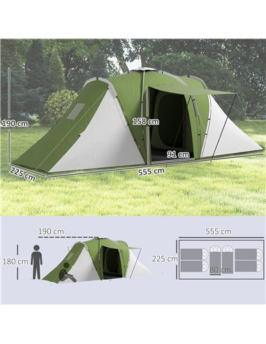 Outsunny Large Camping Tent Tunnel Tent with 2 Bedroom and Living Area, 2000mm Waterproof, Portable with Bag for 4-6 Man, Green