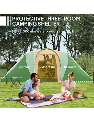 Outsunny Large Camping Tent Tunnel Tent with 2 Bedroom and Living Area, 2000mm Waterproof, Portable with Bag for 4-6 Man, Green