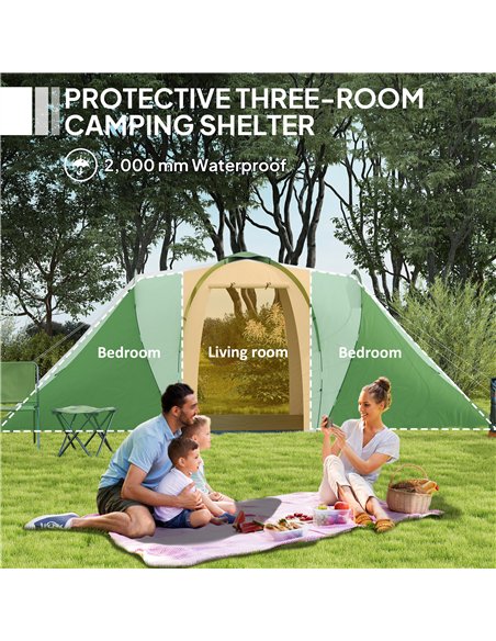 Outsunny Large Camping Tent Tunnel Tent with 2 Bedroom and Living Area, 2000mm Waterproof, Portable with Bag for 4-6 Man, Green - pic 156114 | FastDaddyshop