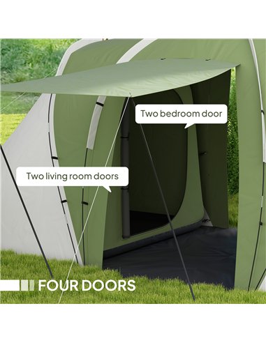 Outsunny Large Camping Tent Tunnel Tent with 2 Bedroom and Living Area, 2000mm Waterproof, Portable with Bag for 4-6 Man, Green