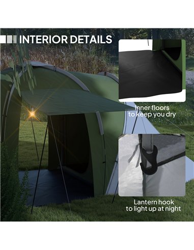 Outsunny Large Camping Tent Tunnel Tent with 2 Bedroom and Living Area, 2000mm Waterproof, Portable with Bag for 4-6 Man, Green