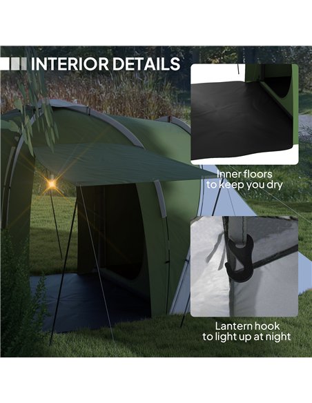 Outsunny Large Camping Tent Tunnel Tent with 2 Bedroom and Living Area, 2000mm Waterproof, Portable with Bag for 4-6 Man, Green - pic 156116 | FastDaddyshop