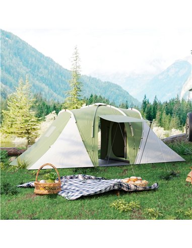 Outsunny Large Camping Tent Tunnel Tent with 2 Bedroom and Living Area, 2000mm Waterproof, Portable with Bag for 4-6 Man, Green