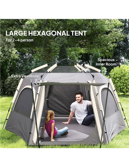 Outsunny Instant Camping Tent, 2/3/4 Person Easy Setup Dome Family Tent with Vestibule, Rainfly, 4 Mesh Windows & 2 Doors, Hexag - pic 156133 | FastDaddyshop
