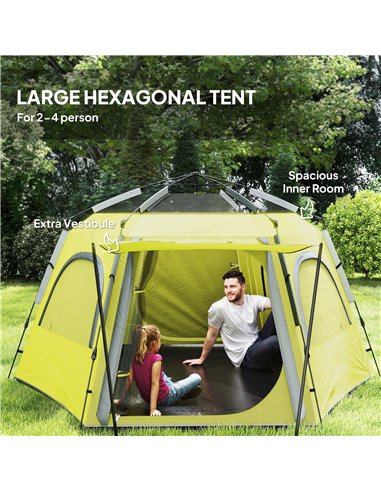 Outsunny Instant Camping Tent, 2/3/4 Person Easy Setup Dome Family Tent with Vestibule, Rainfly, 4 Mesh Windows & 2 Doors, Hexag