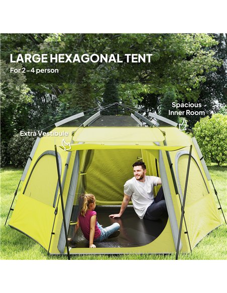 Outsunny Instant Camping Tent, 2/3/4 Person Easy Setup Dome Family Tent with Vestibule, Rainfly, 4 Mesh Windows & 2 Doors, Hexag - pic 156142 | FastDaddyshop