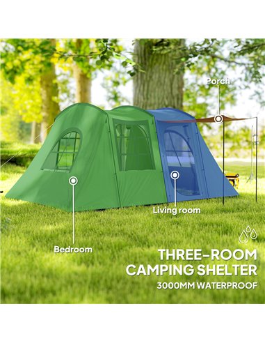 Outsunny 3-4 Man Tunnel Tent, Family Camping Tent with Porch, Bedroom and Living Area, Sewn in Groundsheet, 3000mm Waterproof, P