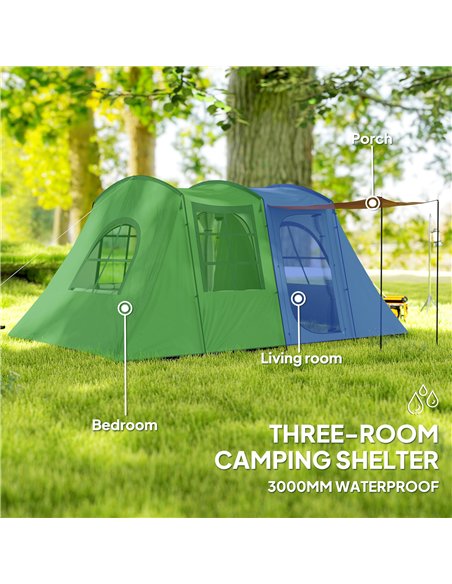 Outsunny 3-4 Man Tunnel Tent, Family Camping Tent with Porch, Bedroom and Living Area, Sewn in Groundsheet, 3000mm Waterproof, P - pic 156159 | FastDaddyshop