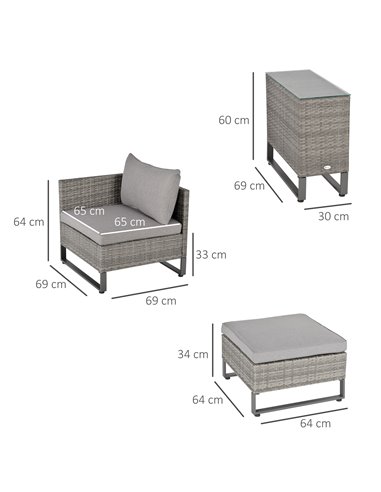 Outsunny 2 Seater Patio Rattan Wicker Sofa Set Chaise Lounge Double Sofa Bed Furniture w/ Coffee Table & Footstool for Patios, G