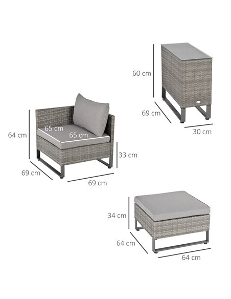Outsunny 2 Seater Patio Rattan Wicker Sofa Set Chaise Lounge Double Sofa Bed Furniture w/ Coffee Table & Footstool for Patios, G - pic 15617 | FastDaddyshop