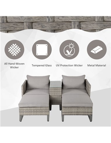 Outsunny 5pcs Patio Rattan Wicker Sofa Set with Coffee Table & Footstool, Grey