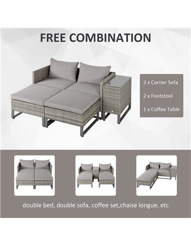 Outsunny 5pcs Patio Rattan Wicker Sofa Set with Coffee Table & Footstool, Grey