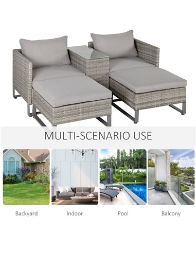 Outsunny 5pcs Patio Rattan Wicker Sofa Set with Coffee Table & Footstool, Grey