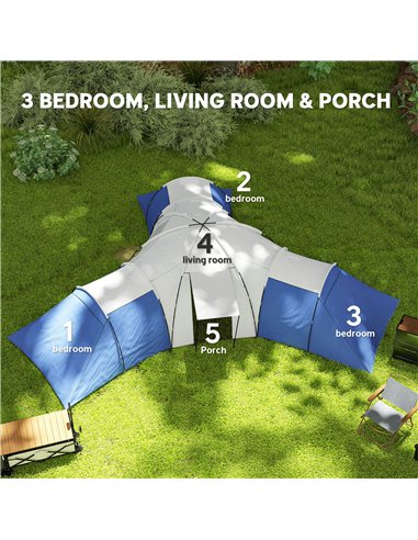 Outsunny 6-9 Man Tent with Bedrooms and Living Room, Accessories Included, Blue
