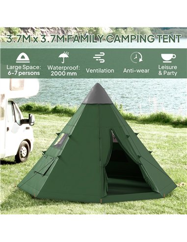 Outsunny 6 Men Tipi Tent with Carry Bag - Green