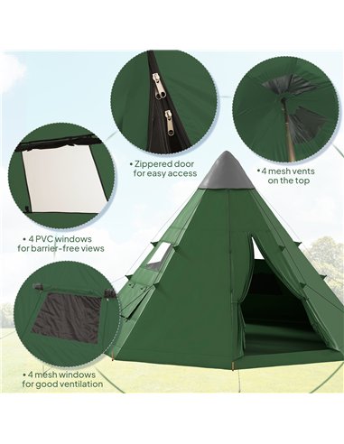 Outsunny 6 Men Tipi Tent with Carry Bag - Green