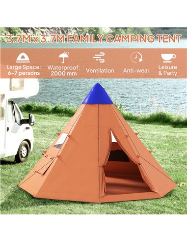 Outsunny 6 Men Tipi Tent with Carry Bag - Orange