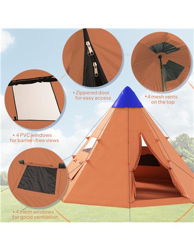 Outsunny 6 Men Tipi Tent with Carry Bag - Orange