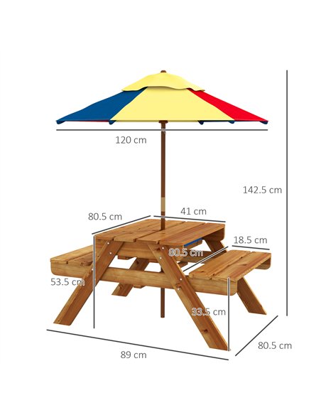 Outsunny Kids Picnic Table Set, 3 in 1 Sand Pit Activity Table, Kids Garden Furniture w/ Removable Parasol, for 3-6 Years - pic 156302 | FastDaddyshop
