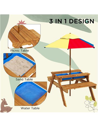 Outsunny Kids Picnic Table Set, 3 in 1 Sand Pit Activity Table, Kids Garden Furniture w/ Removable Parasol, for 3-6 Years