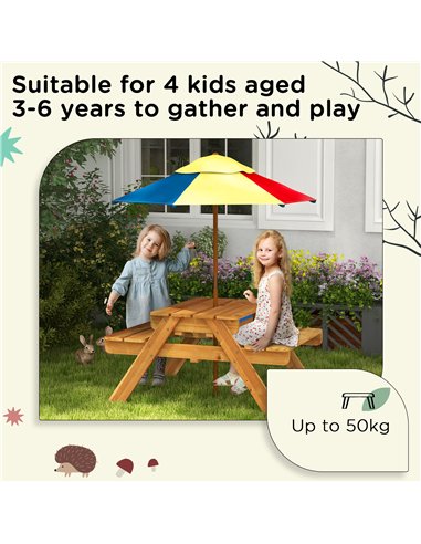 Outsunny Kids Picnic Table Set, 3 in 1 Sand Pit Activity Table, Kids Garden Furniture w/ Removable Parasol, for 3-6 Years